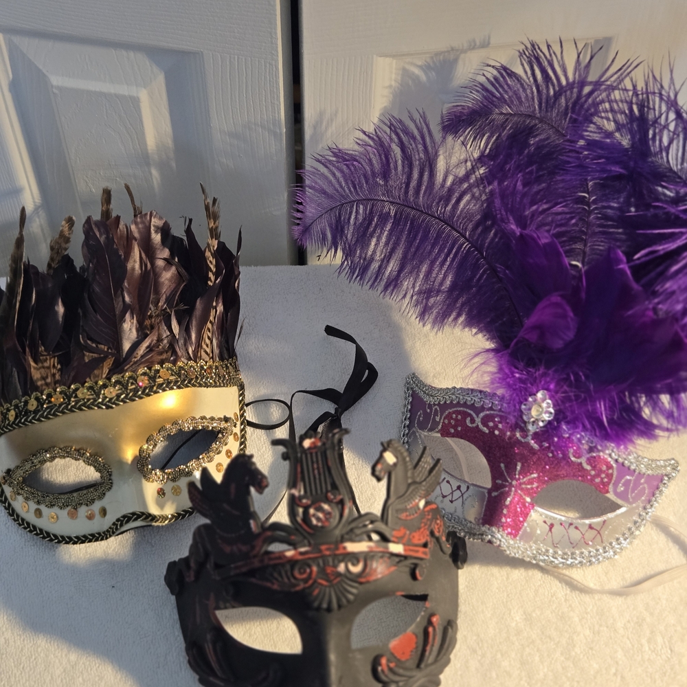 Festive Masquerade Mask Trio - Gold, Purple, Black